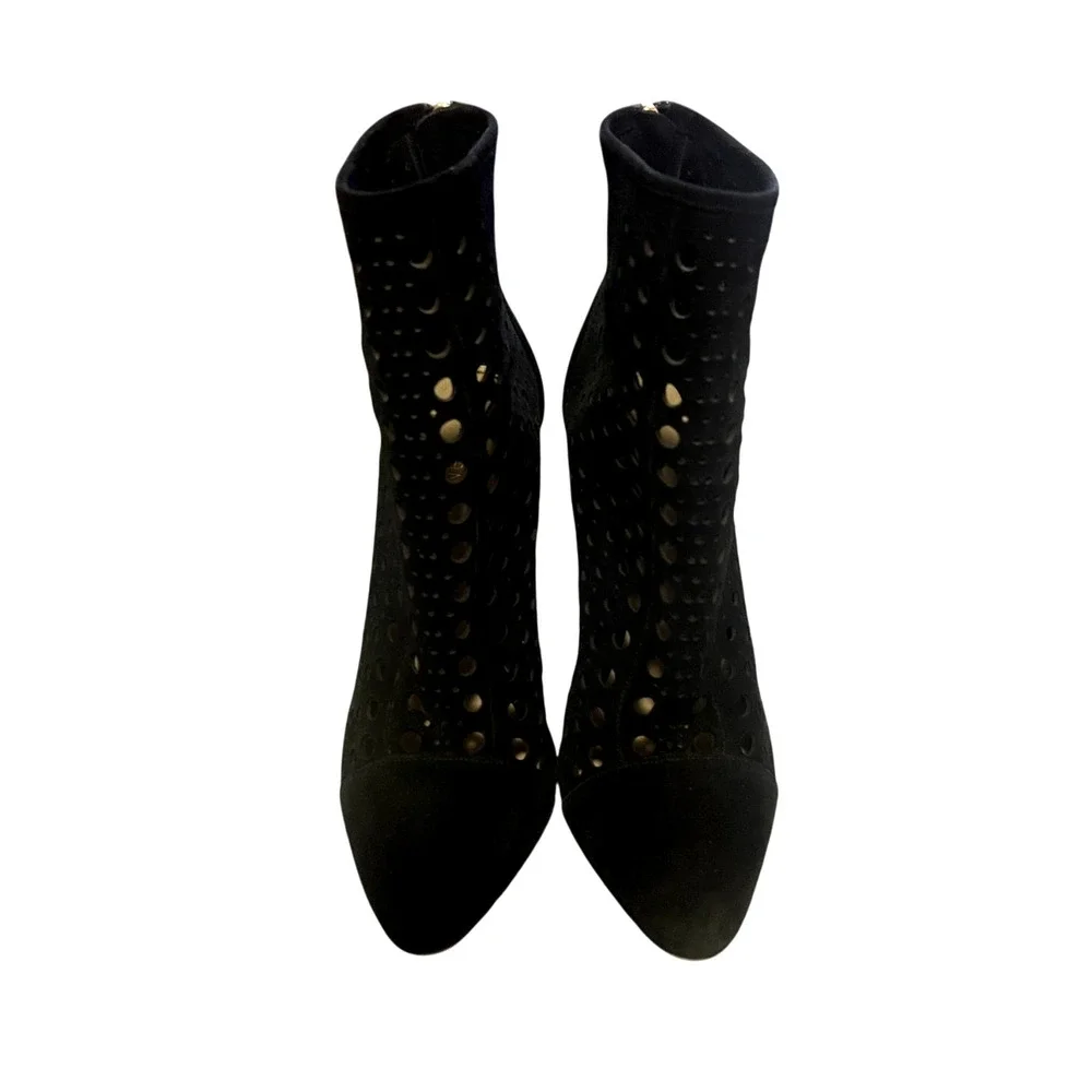 Tamara Mellon 7.5 Laser Cut Italian Suede Ankle Boots $895 Polka Dot Heels Black